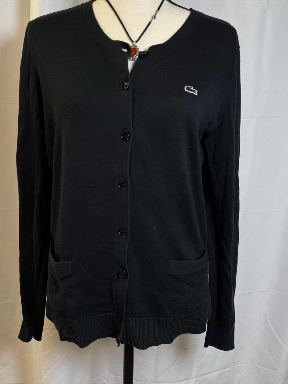 Lacoste Cardigan Sweater Women’s 40 Black V-Neck Button Front Top Cover Logo